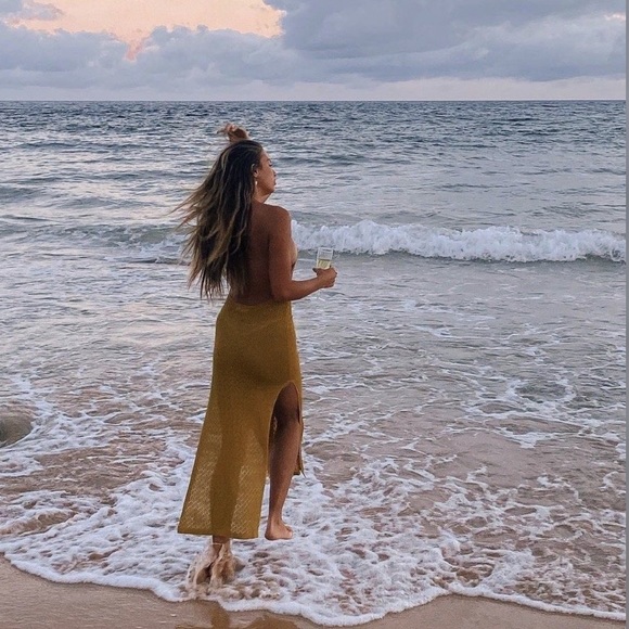 Lynwood Gold Sexy Halter Slit Knitted Beach Maxi Dress Semi Sheer Coverup - Picture 5 of 10